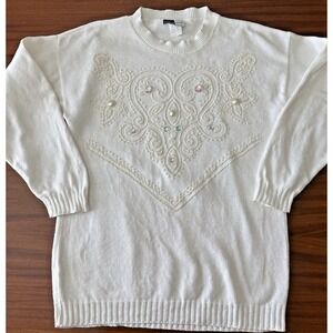 Vintage 80s Beldoch Popper Sweater Women's Large White Bead Embellished USA Made
